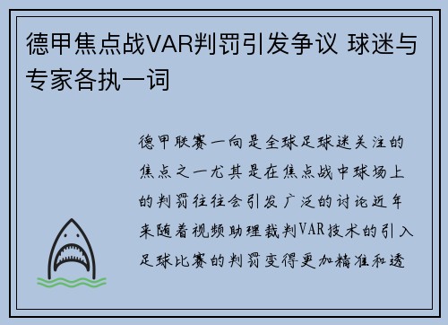 德甲焦点战VAR判罚引发争议 球迷与专家各执一词 德甲焦点战VAR判罚引发争议 球迷与专家各执一词